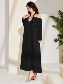 Modelyn Halter Neck Embroidery Detail Dress Long Evening Dresses - Black - View 5