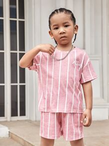 SHEIN 小男童條紋和字母圖案落肩T恤和短褲