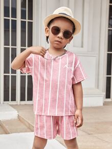 SHEIN 小男童條紋和字母圖案落肩T恤和短褲