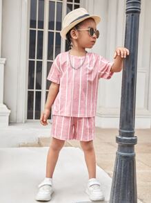 SHEIN 小男童條紋和字母圖案落肩T恤和短褲