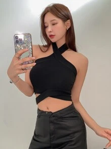 DAZY Criss Cross Backless Crop Halter Top - Black - View 1