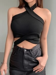 DAZY Criss Cross Backless Crop Halter Top - Black - View 6