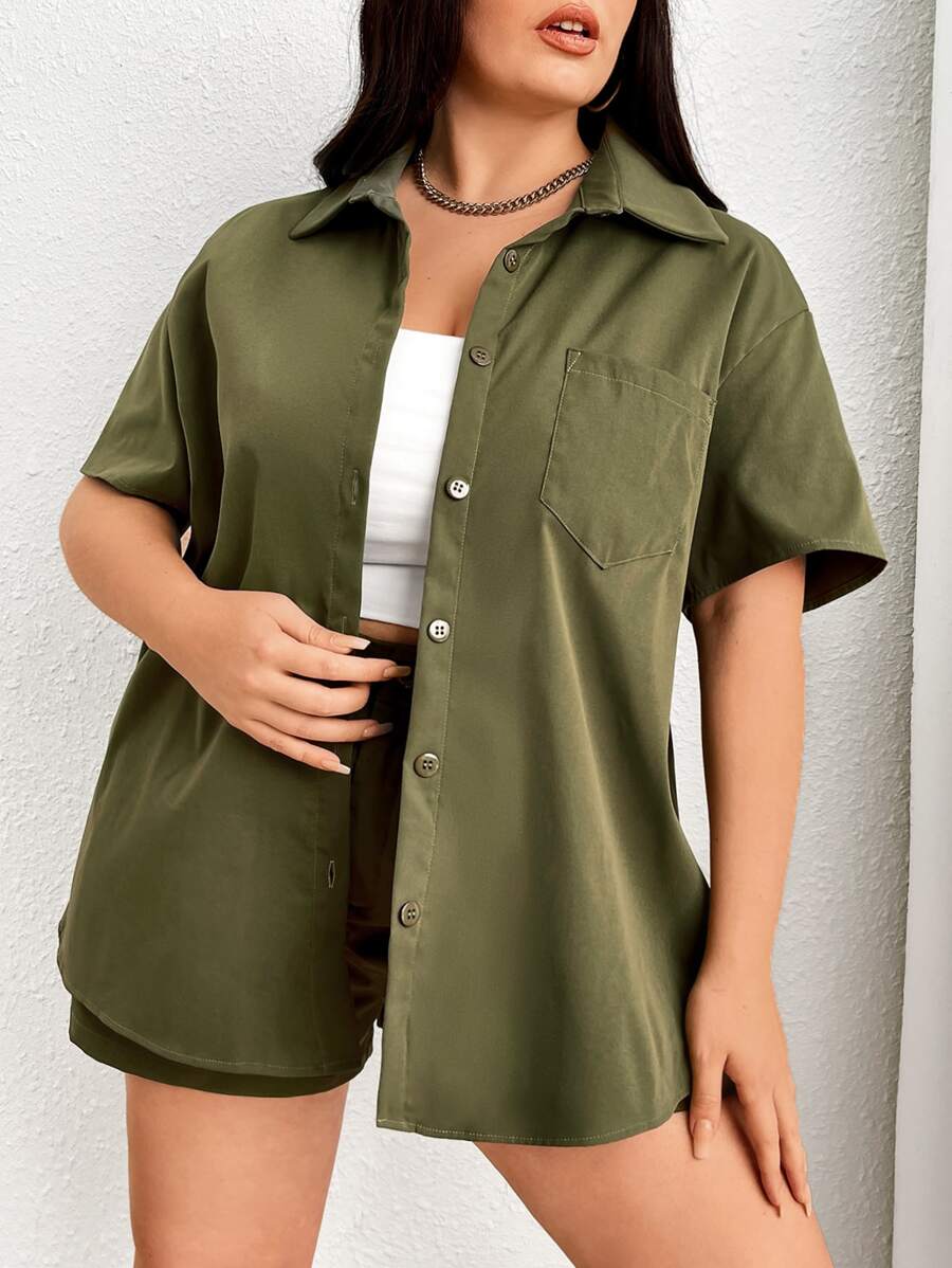 SHEIN Essnce Plus Solid Pocket Patched Shirt & Shorts - Army Green - View 1