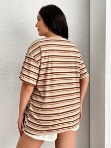 SHEIN EZwear Plus Striped & Bear Patched Drop Shoulder Tee, Summer - Multicolor - View 2