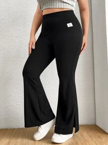 SHEIN EZwear Plus Letter Patched Detail Split Hem Flare Leg Pants
