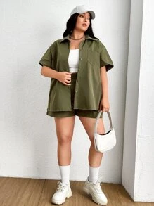 SHEIN Essnce Plus Solid Pocket Patched Shirt & Shorts - Army Green - View 3