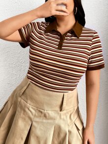 SHEIN EZwear Plus Striped Polo Neck Tee - Multicolor - View 1