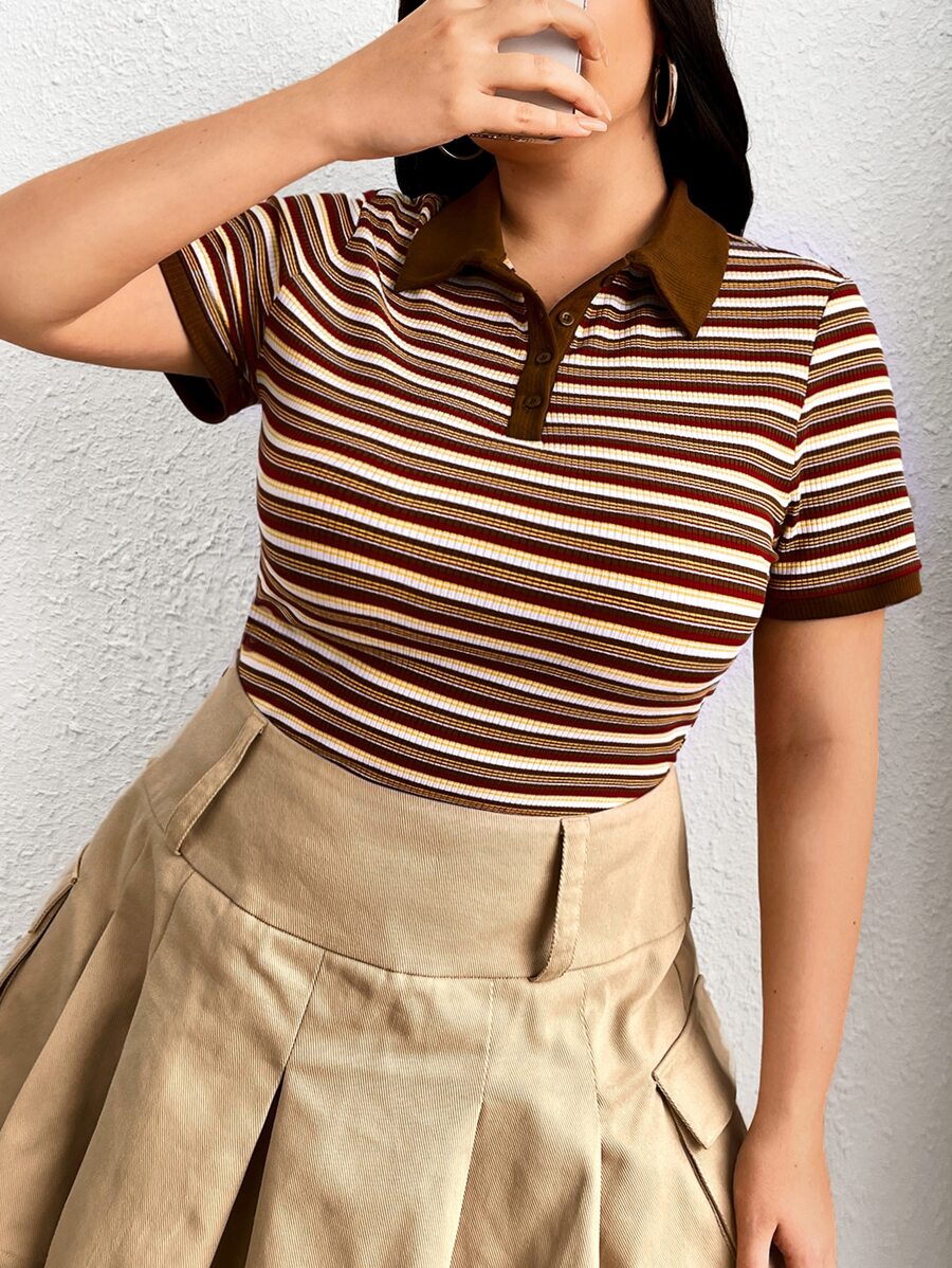 SHEIN EZwear Plus Striped Polo Neck Tee - Multicolor - View 1
