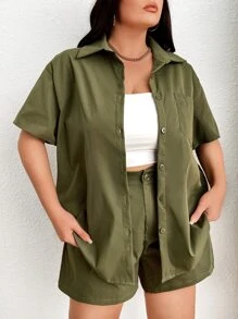 SHEIN Essnce Plus Solid Pocket Patched Shirt & Shorts - Army Green - View 4