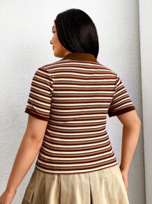 SHEIN EZwear Plus Striped Polo Neck Tee - Multicolor - View 2