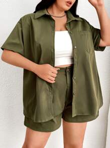 SHEIN Essnce Plus Solid Pocket Patched Shirt & Shorts - Army Green - View 5