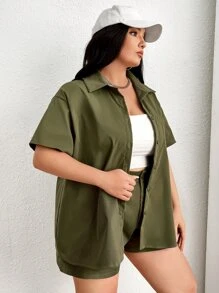 SHEIN Essnce Plus Solid Pocket Patched Shirt & Shorts - Army Green - View 6