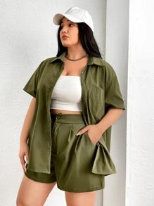 SHEIN Essnce Plus Solid Pocket Patched Shirt & Shorts - Army Green - View 7