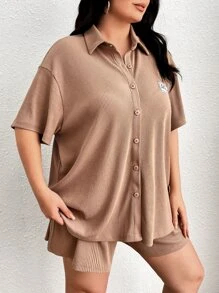 SHEIN EZwear Plus Letter Patched Detail Drop Shoulder Shirt & Shorts