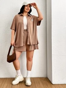 SHEIN EZwear Plus Letter Patched Detail Drop Shoulder Shirt & Shorts