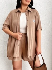 SHEIN EZwear Plus Letter Patched Detail Drop Shoulder Shirt & Shorts