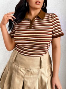 SHEIN EZwear Plus Striped Polo Neck Tee - Multicolor - View 4