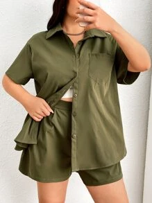 SHEIN Essnce Plus Solid Pocket Patched Shirt & Shorts - Army Green - View 8