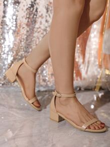 粗跟踝帶涼鞋 - 杏色 - 查看 1