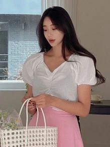 DAZY 素色前收褶泡泡袖短款襯衫 - 白色 - 查看 3