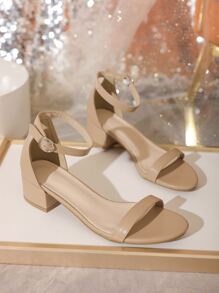 粗跟踝帶涼鞋 - 杏色 - 查看 2