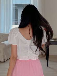 DAZY 素色前收褶泡泡袖短款襯衫 - 白色 - 查看 2