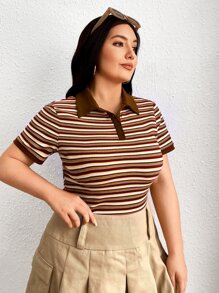 SHEIN EZwear Plus Striped Polo Neck Tee - Multicolor - View 5