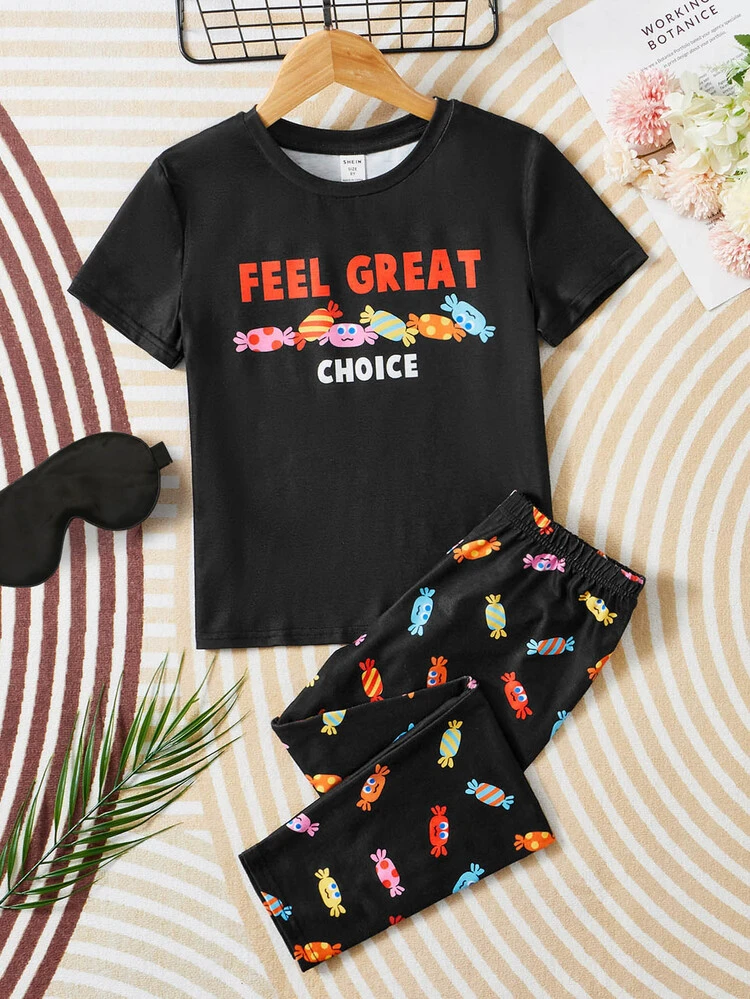 Girls 1pc Candy & Letter Graphic Sleep Tee & 1pc Sleep Pants