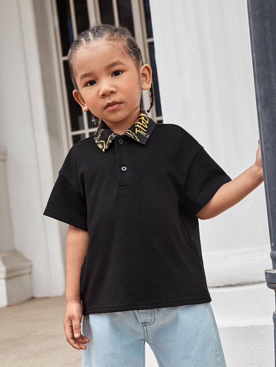 SHEIN 小男童鏈條和字母圖案POLO衫