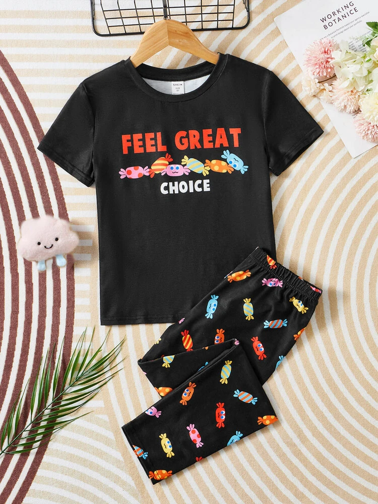 Girls 1pc Candy & Letter Graphic Sleep Tee & 1pc Sleep Pants