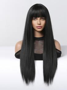 Tóc giả tổng hợp dài thẳng có tóc mái - màu đen - Xem 7