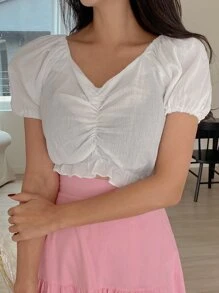 DAZY 素色前收褶泡泡袖短款襯衫 - 白色 - 查看 7