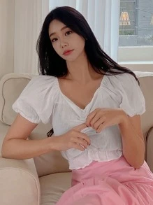 DAZY 素色前收褶泡泡袖短款襯衫 - 白色 - 查看 8