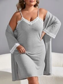 con encaje en contraste Vestido de dormir de tirantes & Bata - Gris - Ver 1