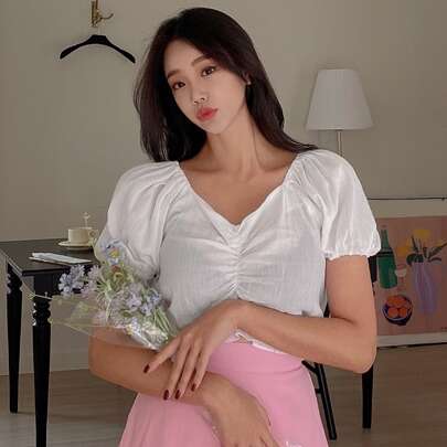 솔리드 앞 플리츠 퍼프 슬리브 쇼트 셔츠