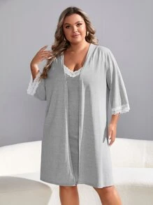 con encaje en contraste Vestido de dormir de tirantes & Bata - Gris - Ver 4