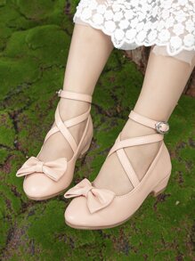 Girls Bow Decor Ankle Strap Flats - Baby Pink - View 3