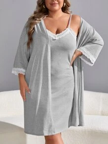 con encaje en contraste Vestido de dormir de tirantes & Bata - Gris - Ver 5