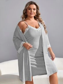 con encaje en contraste Vestido de dormir de tirantes & Bata - Gris - Ver 6