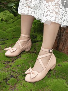 Girls Bow Decor Ankle Strap Flats - Baby Pink - View 6