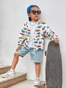 SHEIN Toddler Boys Car Print Hooded Jacket - Multicolor - View 5