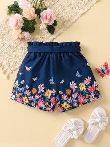 SHEIN Cô Gái Trẻ Loại bướm Và Hoa In Xanh Quần short Cho mùa hè Kỳ nghỉ - Màu xanh hải quân - Xem 2