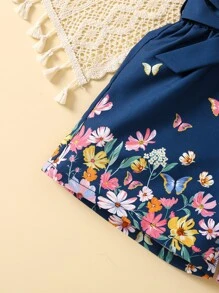 SHEIN Cô Gái Trẻ Loại bướm Và Hoa In Xanh Quần short Cho mùa hè Kỳ nghỉ - Màu xanh hải quân - Xem 4