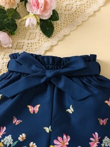 SHEIN Cô Gái Trẻ Loại bướm Và Hoa In Xanh Quần short Cho mùa hè Kỳ nghỉ - Màu xanh hải quân - Xem 5