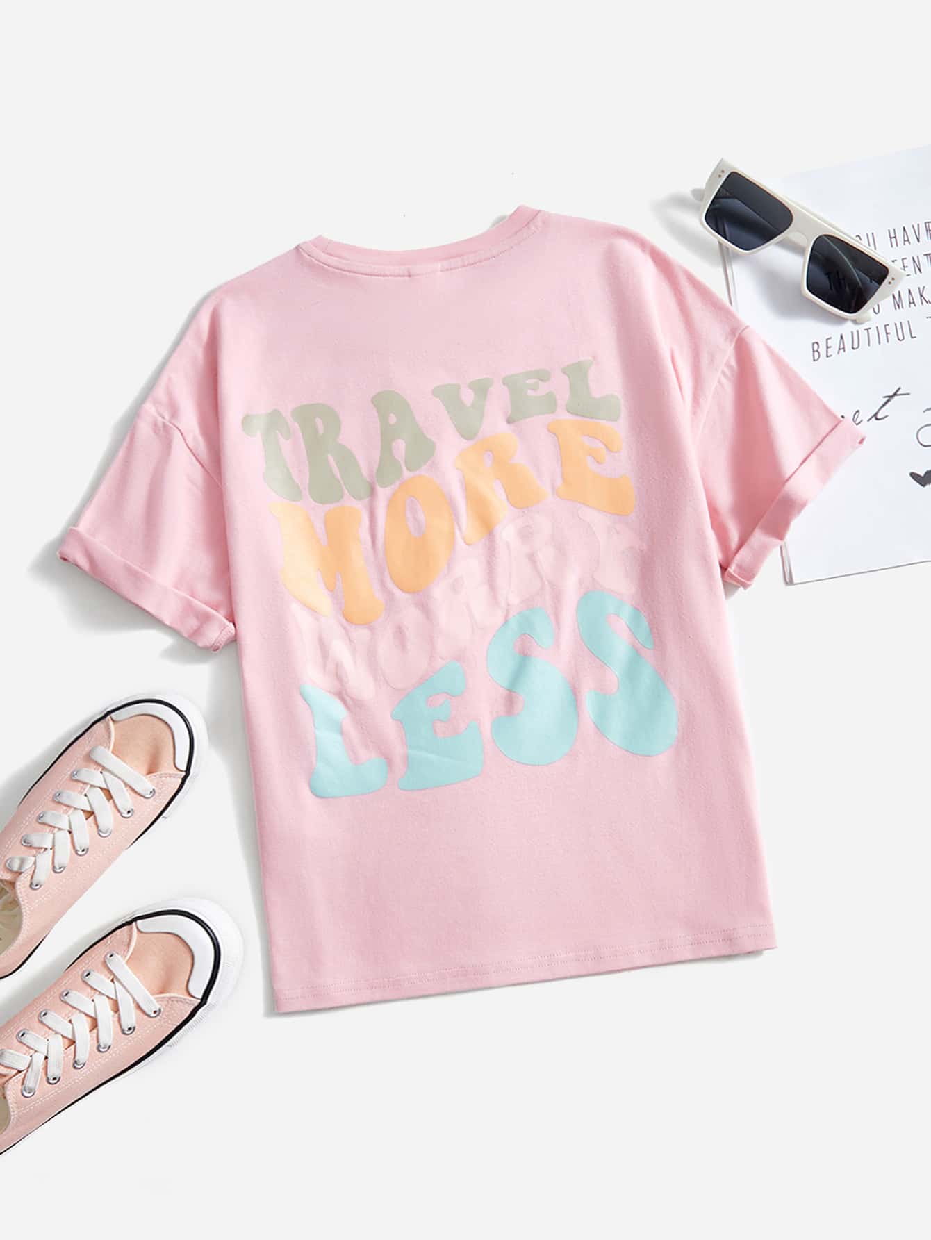 SHEIN Girls Slogan Graphic Drop Shoulder Tee - Baby Pink - View 1