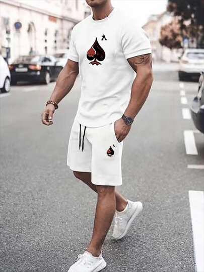 Guys Playing Card Print Tee & Drawstring Waist Shorts