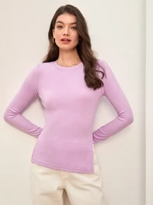 SHEIN BASICS Solid Rib-knit Slim Tee - Lilac Purple - View 1
