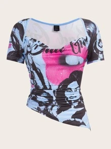 SHEIN ICON Figure Graphic Cowl Neck Tee - Multicolor - View 1