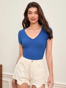 SHEIN BASICS 1pc Solid Ribbed Knit Tee - Royal Blue - View 3