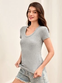 SHEIN BASICS Solid V-Neck Short Sleeves Slim Tee - Light Grey - View 5